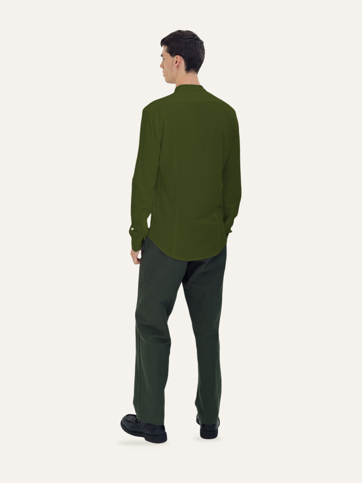 Collarless Shirt — Army Green, back view
