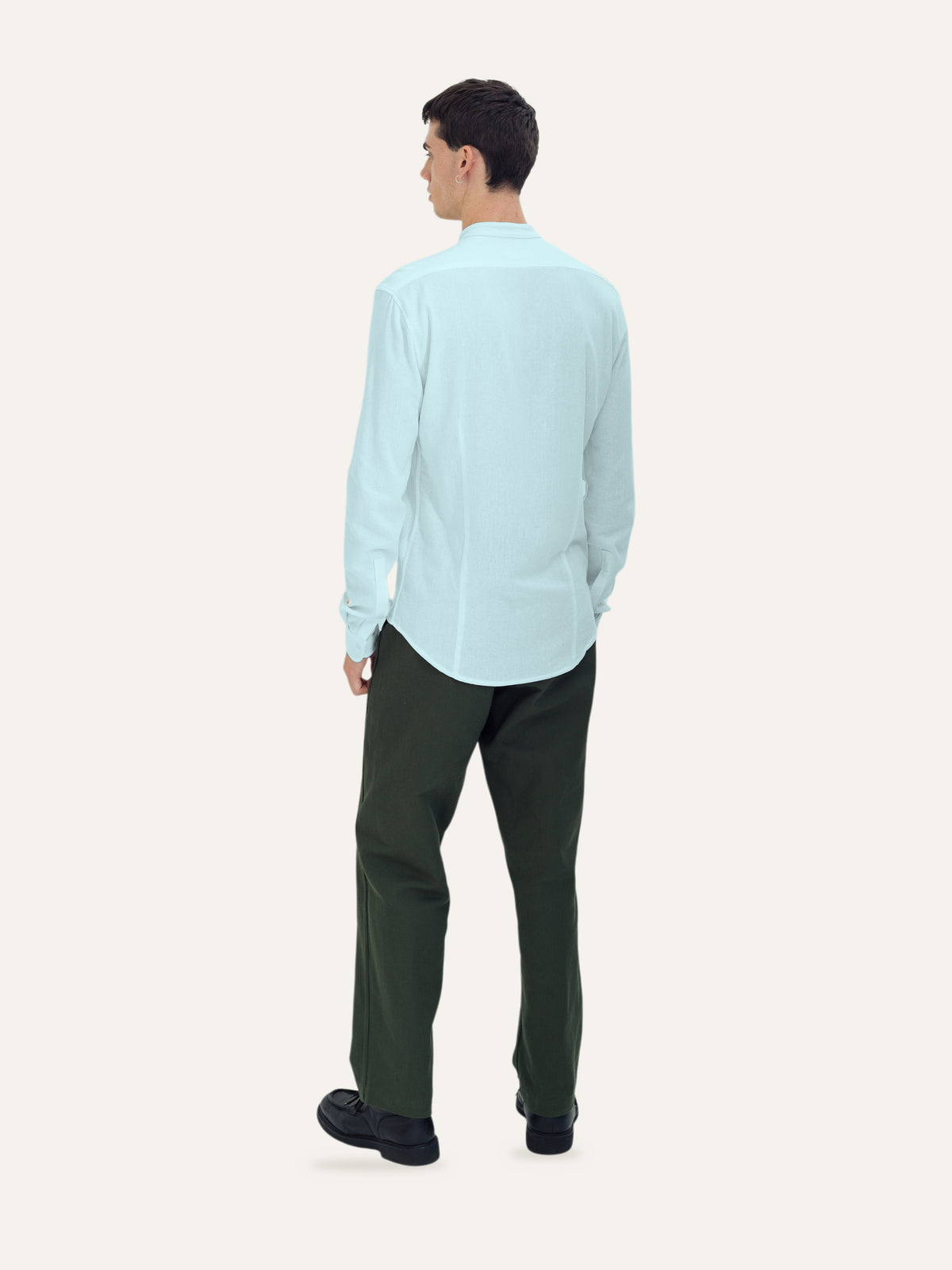 Collarless Shirt — Duck Egg, back view