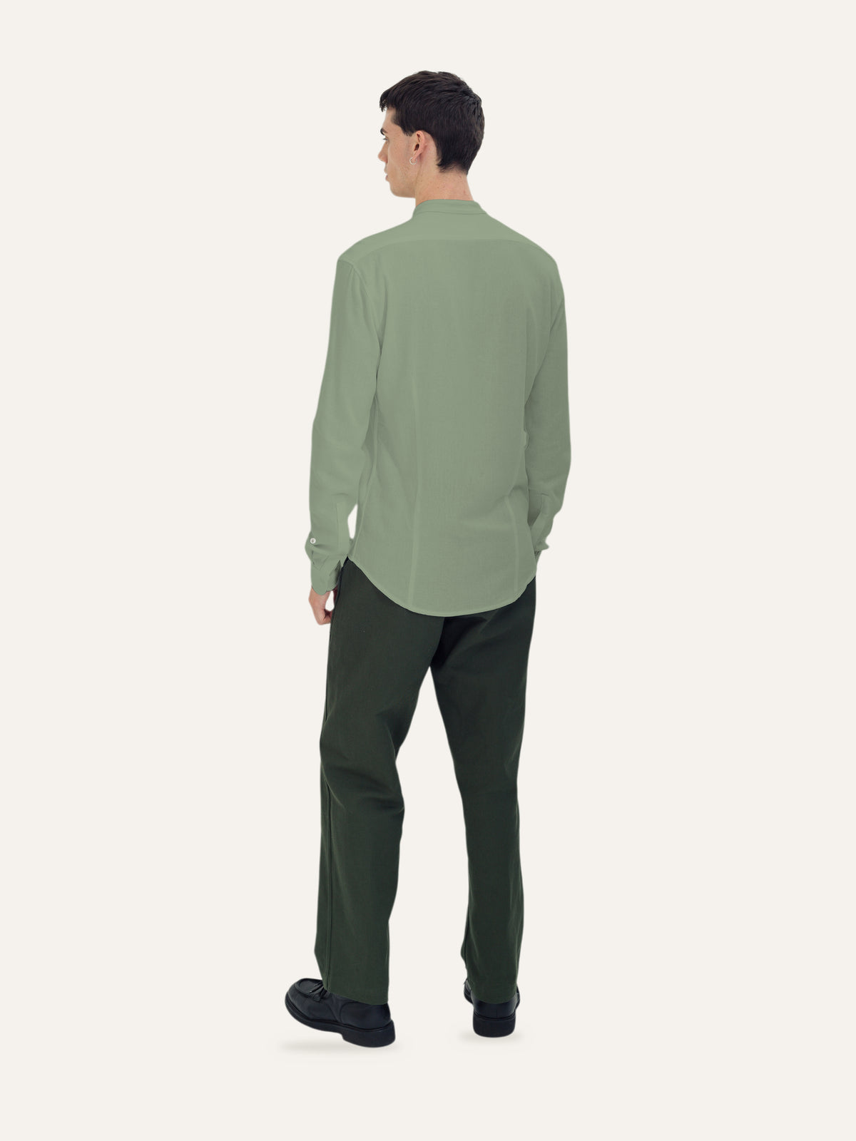 Collarless Shirt — Sage, back view