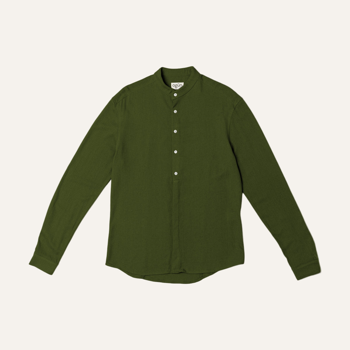 Collarless Shirt — Army Green, flat lay