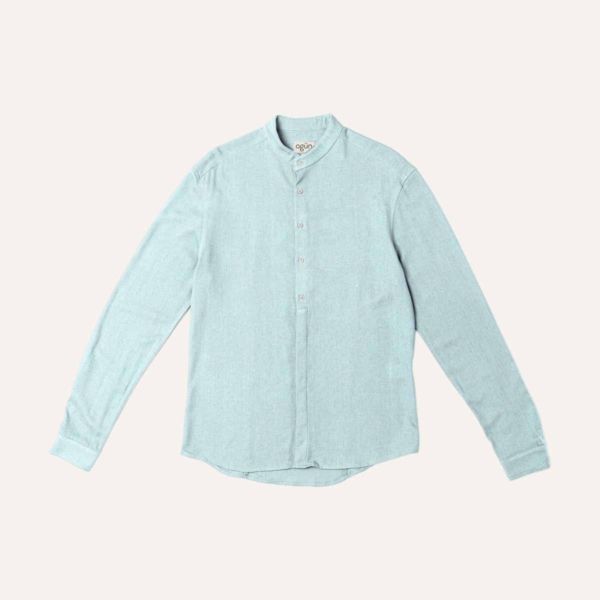 Collarless Shirt — Duck Egg, flat lay