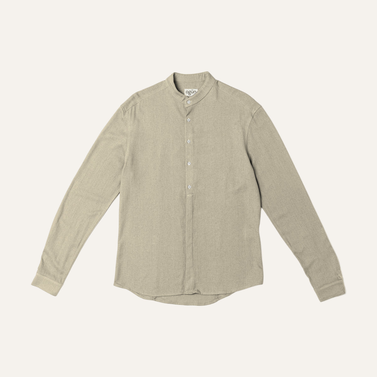 Collarless Shirt — Pebble, flat lay