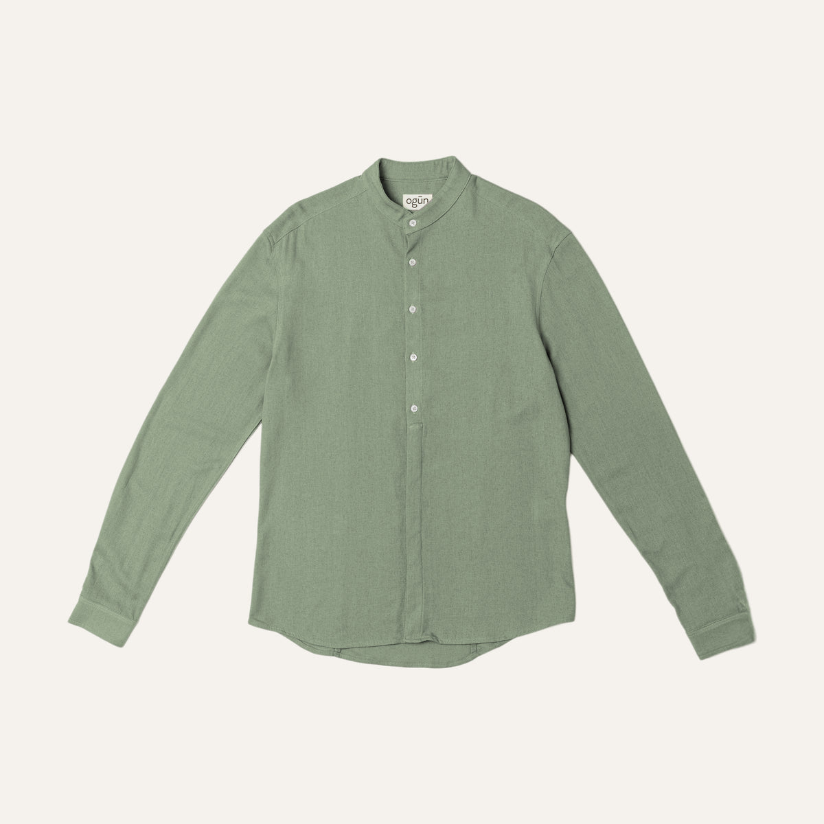Collarless Shirt — Sage, flat lay