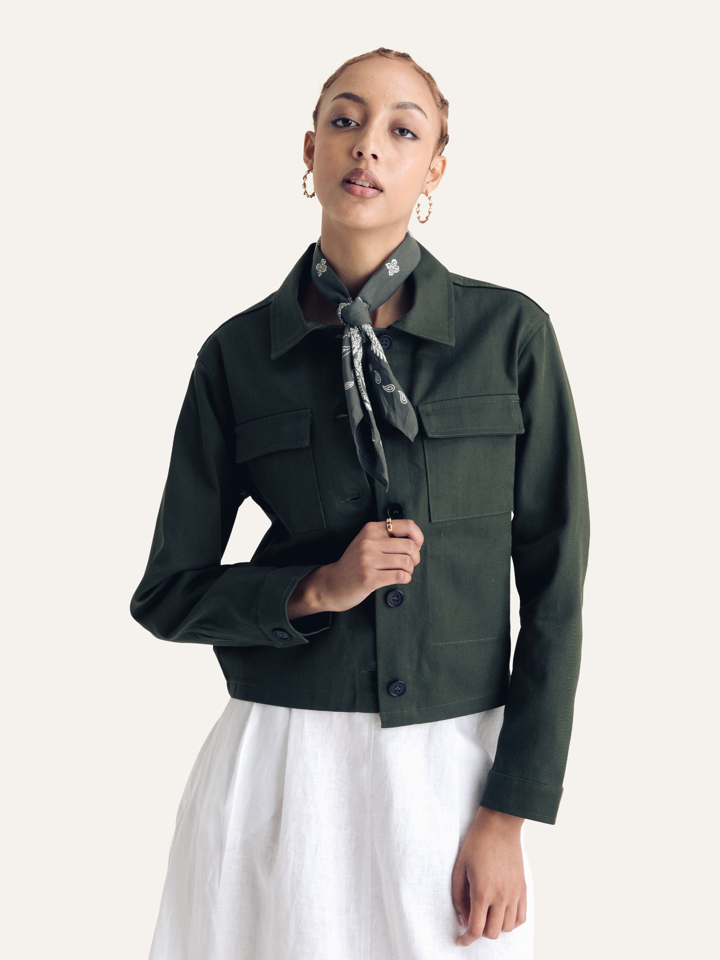 The Cropped Trucker Jacket — Army Green