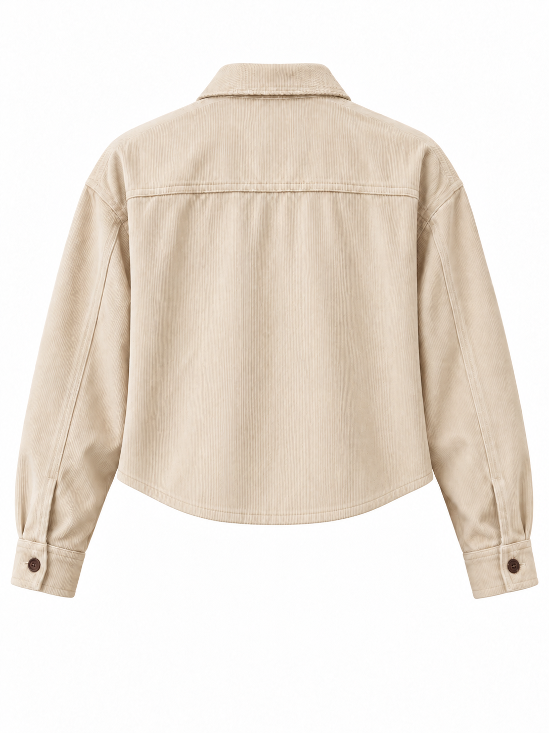 Back product view of cream cord overshirt with shorter hem and back yoke only