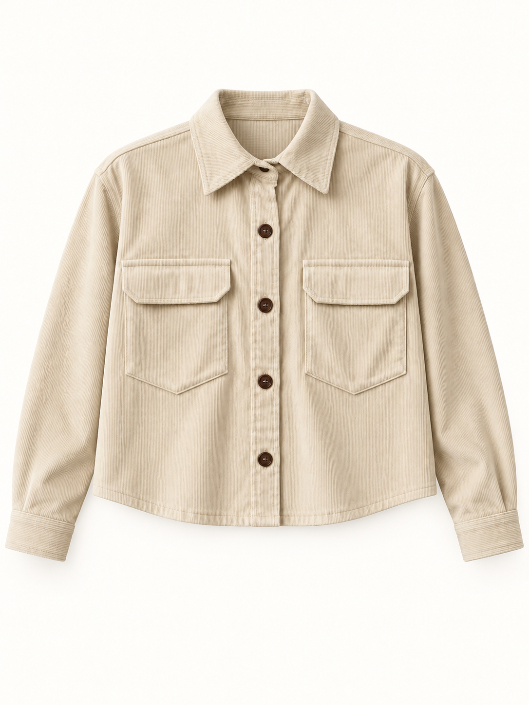 Front product view of cream cord overshirt with shorter gently cropped hem