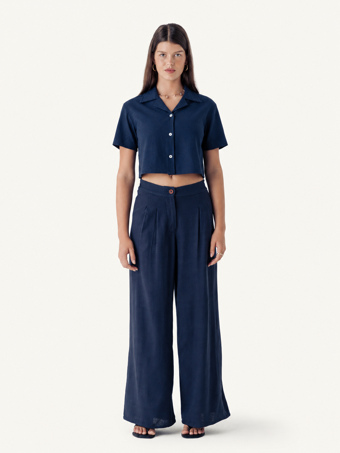 Cropped Bowler Shirt — Ink — model, front