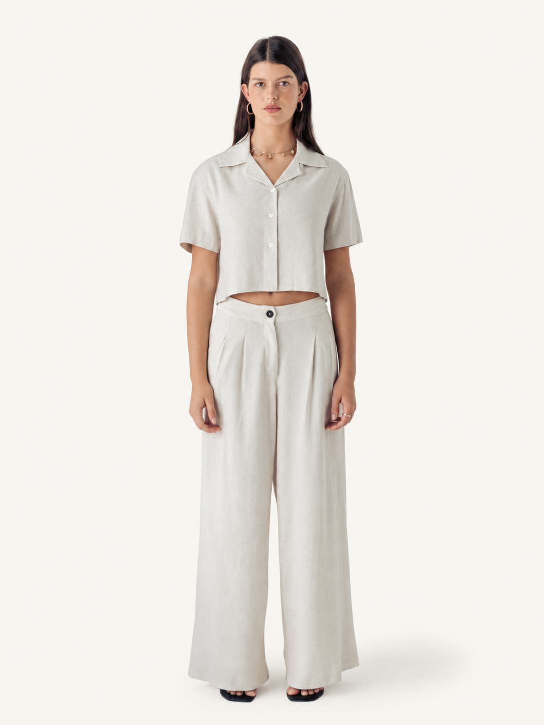 Cropped Bowler Shirt — Oatmeal — model, front