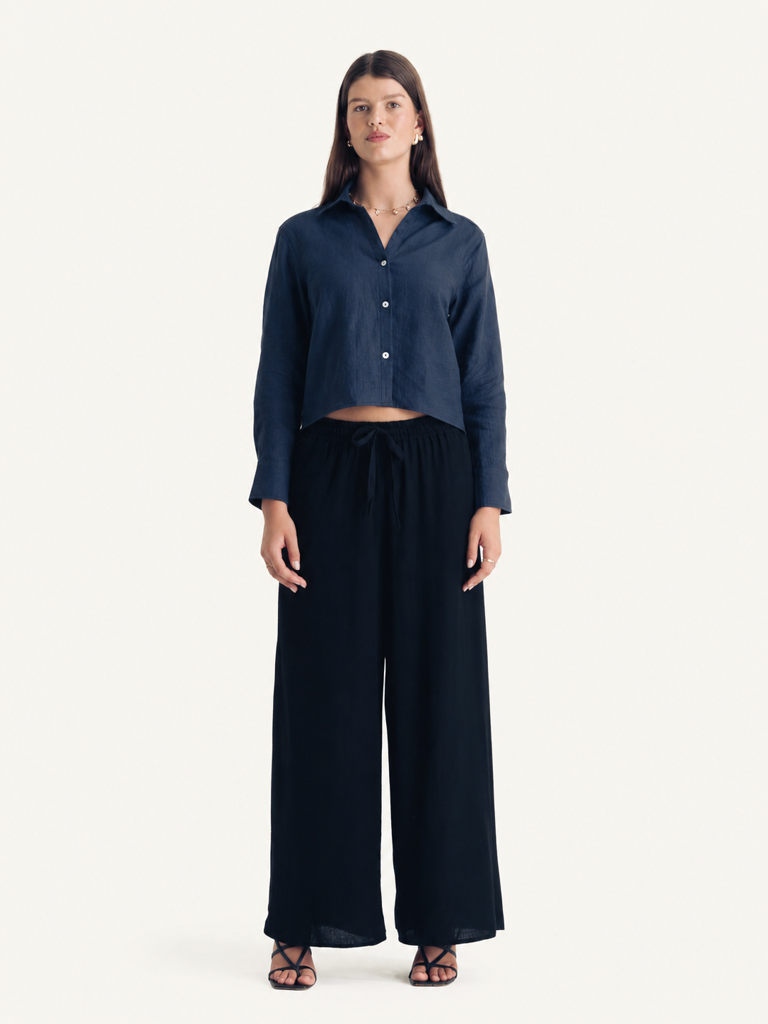Cropped Collar Shirt — Ink — model, front