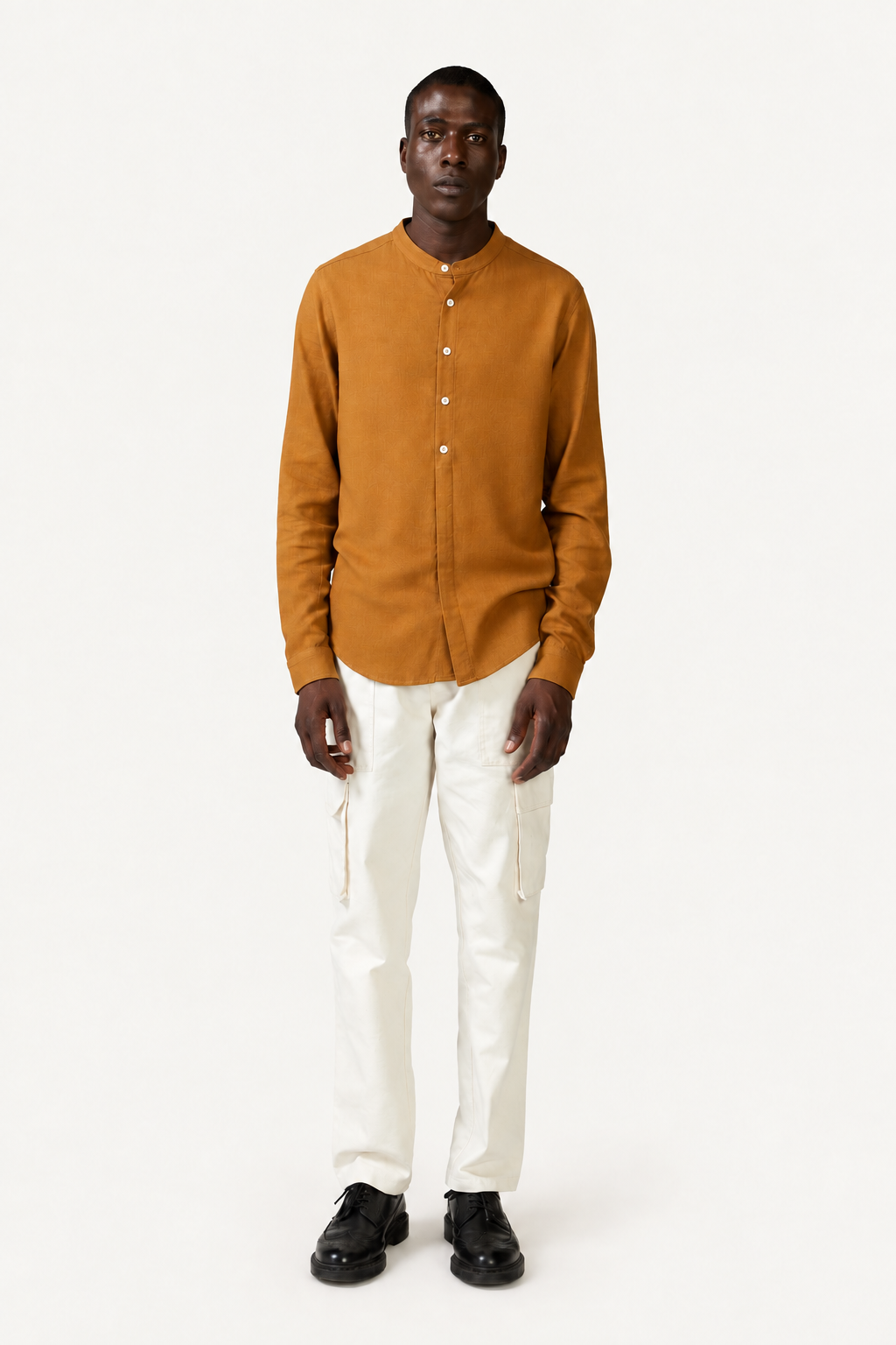 Collarless Shirt — Tobacco, front view