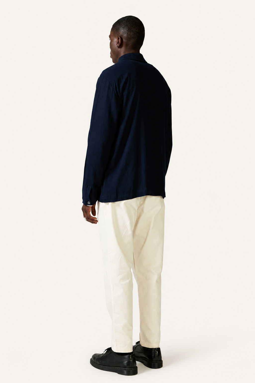Zippered Linen Overshirt — Ink, back angle view