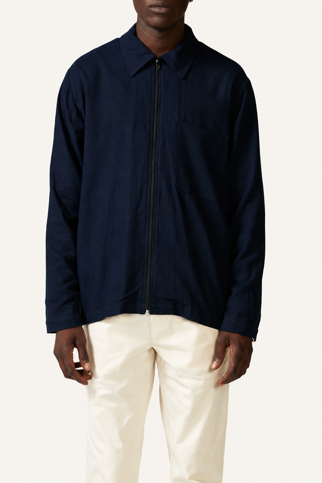 Zippered Linen Overshirt — Ink, detail view