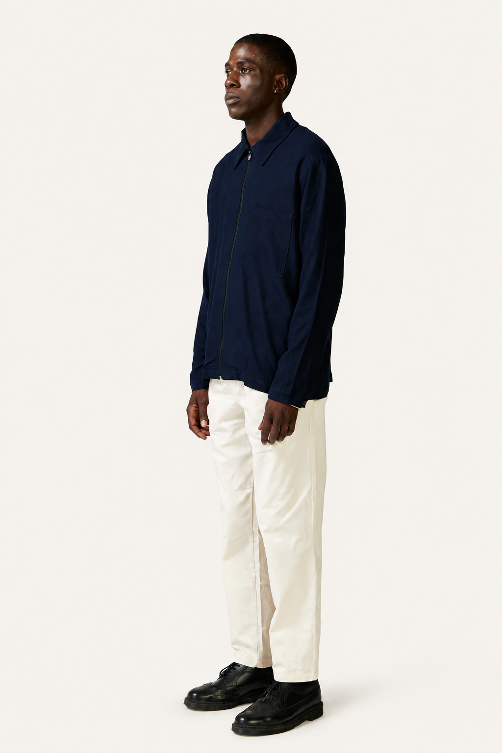 Zippered Linen Overshirt — Ink, front angle view
